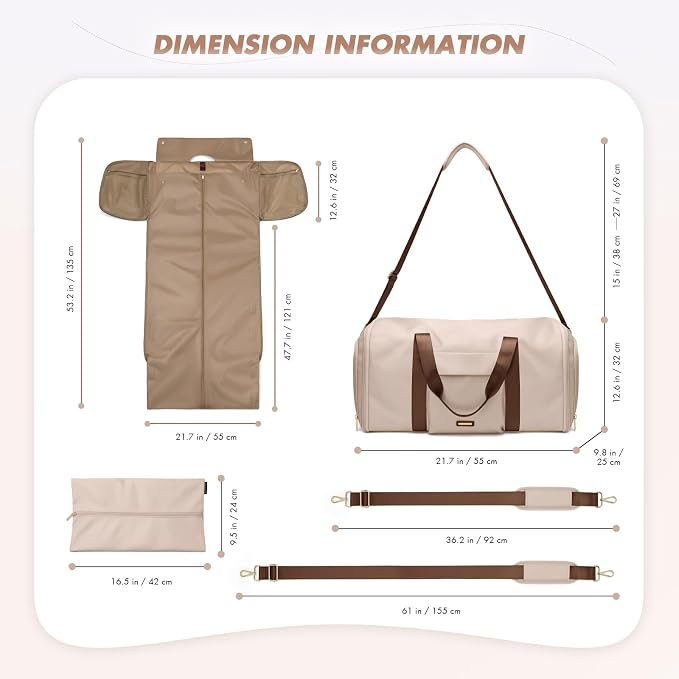 Convertible 2-in-1 Garment Bags for Travel,Women Men Carry On Garment Duffle Bag With Shoe Compartment,Hanging Suit bag,48L,Apricot - Image 5
