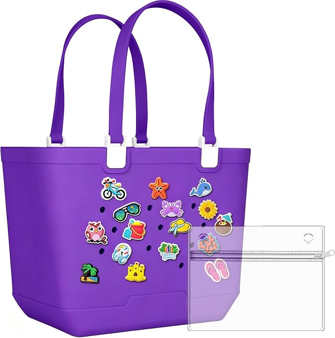 X-Large Rubber Beach Bag Travel Tote Bag with Waterproof Zipper Pocket, Washable Durable Rubber Beach Tote Mom gift by Coisini