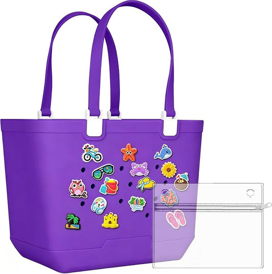 X-Large Rubber Beach Bag Travel Tote Bag with Waterproof Zipper Pocket, Washable Durable Rubber Beach Tote Mom gift by Coisini