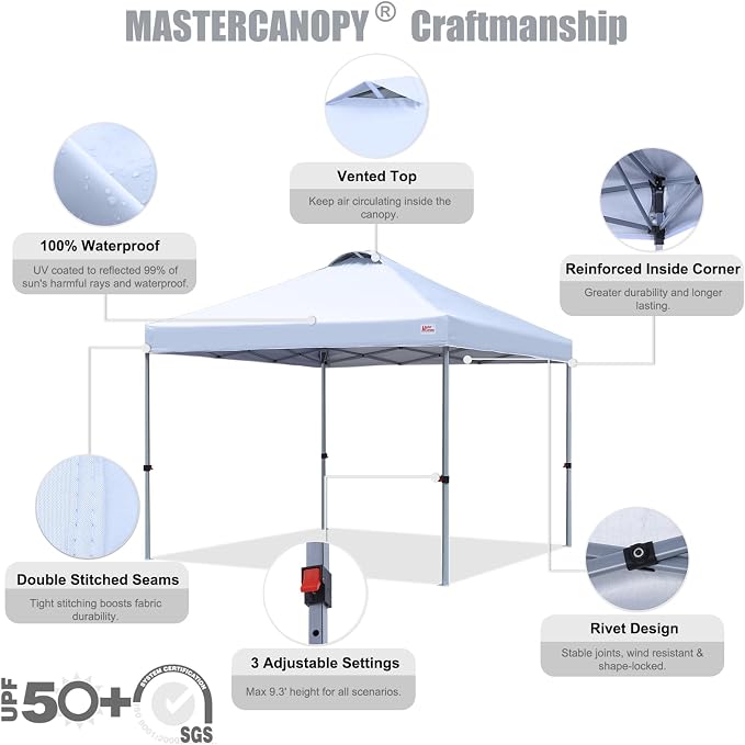 MASTERCANOPY 10x10 Pop Up Canopy Tent, 1 Person Setup Instant Shelter,Outdoor Portable Beach Canopy with Roller Bag, 4 Sandbags, 4 Ropes, 8 Stakes (10x10, White) - Image 3
