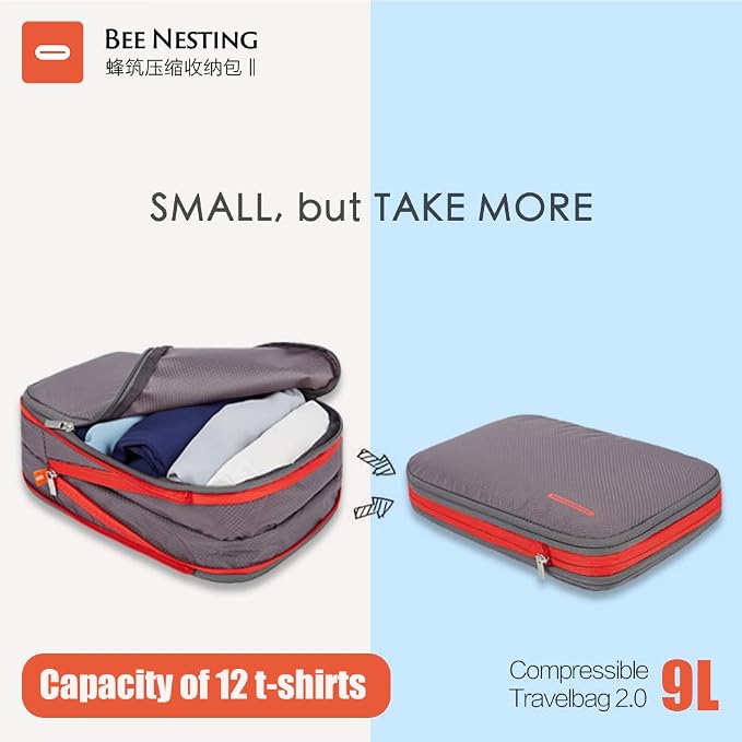 Bee Nesting 9L Compression Packing Cube Travel Organizer | Dual-Sided Expansion Design,Stores Up To 12 T-Shirts,Layered Clothing Organization,Lightweight Build For Efficient Packing - Image 9