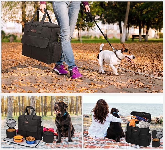 Modoker Dog Travel Bag with 2 Food Bags, 2 Bowls and 1 Mat (Black) | Roomy Main Compartment | Multiple Functional Pockets | Water-Resistant Oxford Fabric | PVC Backing | Leak-Resistant Lining - Image 7