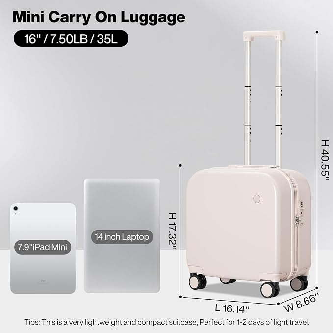 mixi Carry on Luggage, Suitcase with Spinner Wheels 16in Luggage Hardshell Lightweight Rolling Suitcases PC with Cover & TSA Lock, Off White（Slight Pink） - Image 6