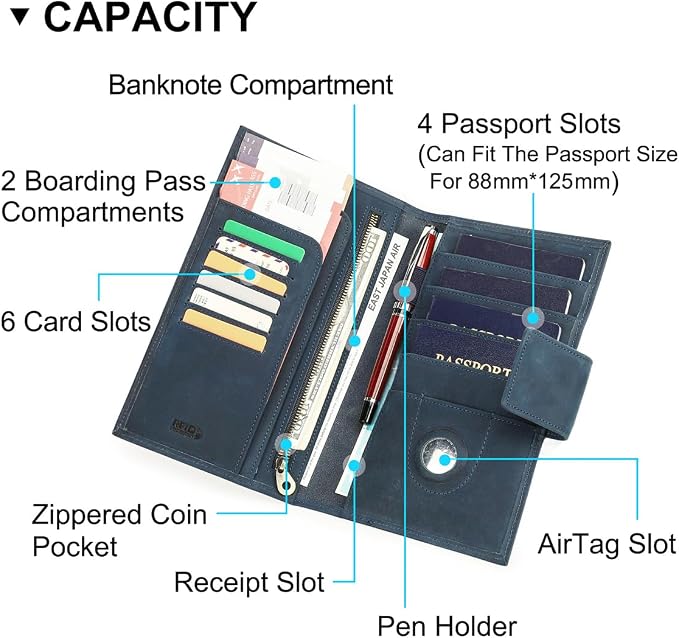 CONTACTS Full Grain Leather Family Passport Holder for 4 RFID Blocking Passport Wallet Compatible with Airtag Passport Cover with 4 Passport Slot, 6 Card Slot (Blue) - Image 4