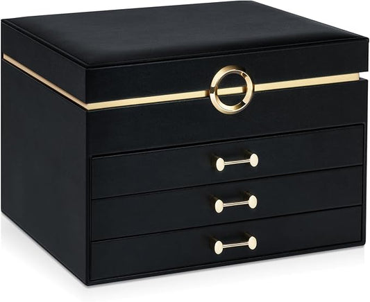 Jewelry Boxes for Women, Large Jewelry Storage Boxes, 4-Layer Leather Jewelry Organizer with 3 Drawers, Jewelry Display Case Gift for Women Girls, Black by V-LafuyJewelryBox