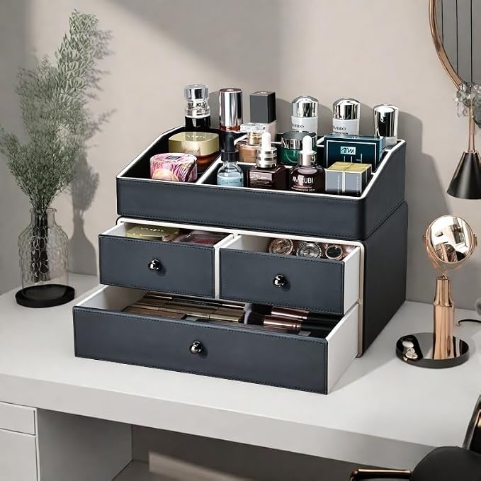 KINGFOM 2 Tier PU Leather Makeup Organizer with 3 Drawers, Cosmetic Storage Organizers for vanity Dresser Countertop and Bathroom Vanity, Beauty Holder for Lipstick Brush Skincare (Black) - Image 8