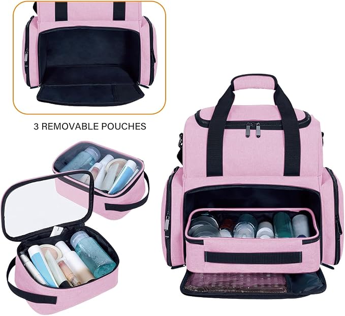 Large Makeup Bag Double Layer with 3 Removable Case,Pink | Large Makeup Bag with 3 Removable Case and 2 Removable Dividers Double Layer Travel Cosmetic Makeup Brushes Storage Section - Image 5