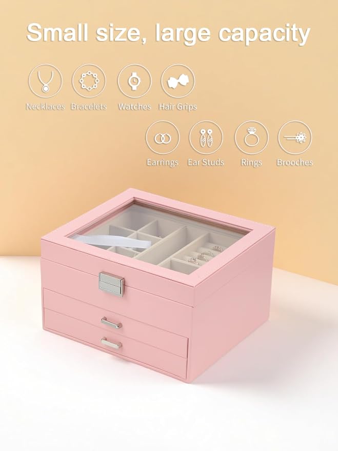BOOVO Clear Lid Jewelry Box,3 Layers Jewelry Organizer Large Jewelry Storage Box with 2 Drawers,Jewelry Holder Organzier of Rings Earrings Necklace Bracelets for Women (Pink, 3 Layer) - Image 6
