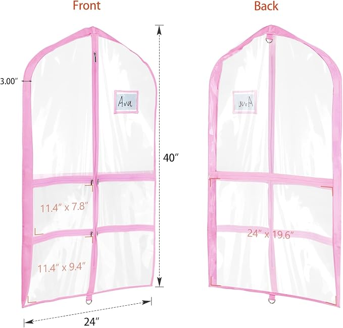 Univivi Clear Pink PVC Dance Costume Bags Garment Bag 40 Inch for Dance Competitions, with 4 Medium Clear Zipper Pockets and 1 Large Back Zippered Pocket [Upgraded Version] (40'' x 24'' 6 Pack) - Image 2