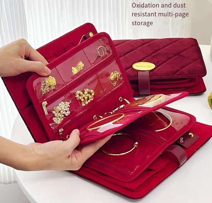 Travel Jewelry Organizer Case - Portable Jewelry Box for Women with Multiple Compartments, Mini Travel Jewelry Bag for Earrings, Necklaces, Rings & Bracelets (Red) - Image 3