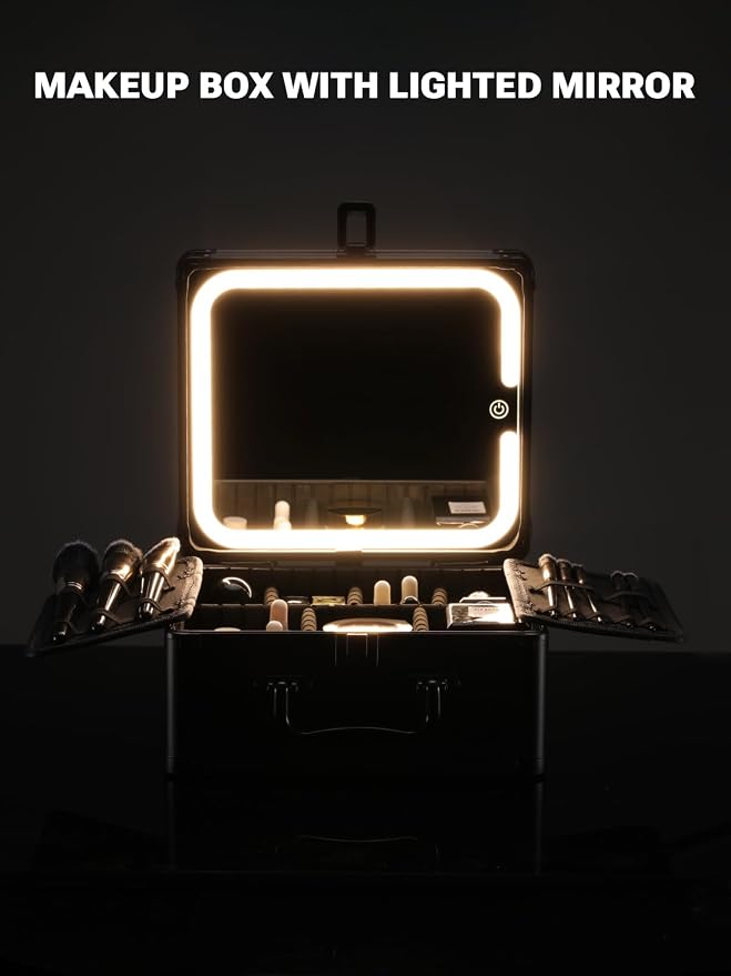 Qislee Makeup Box with A Detachable Lighted Mirror, Waterproof Travel Train Case, Cosmetic Organizer and Makeup Suitcase with Adjustable Dividers, Magnetic LED Mirror (Black) | Makeup Organizer, Cosmetic Travel Bag for Women, Adjustable Dividers, Brush... - Image 8