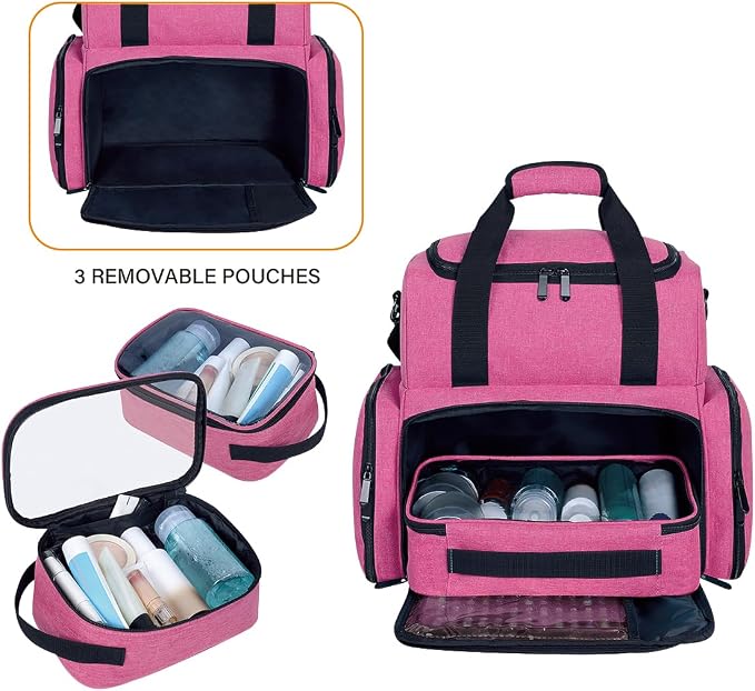Large Makeup Bag Double Layer with 3 Removable Case,Rose Red | Large Makeup Bag with 3 Removable Case and 2 Removable Dividers Double Layer Travel Cosmetic Makeup Brushes Storage Section - Image 5