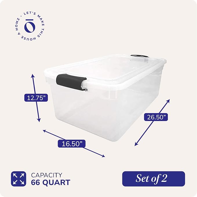 HOMZ 2-Pack Latching Lid, Large Clear Plastic Storage Bins with Lids, 66 Quart, Gray Latch - Stackable Container Boxes for Home, Bathroom, and Office Organization - Image 4