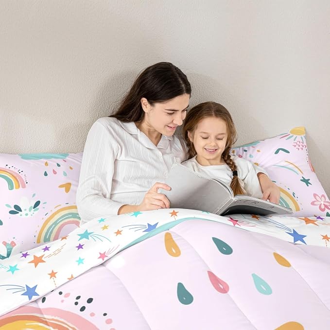 Erosebridal Rainbow Queen Bedding Sets for Girls 3 Pcs, Cute Flowers Comforter Set Cartoon Rainbow Ripple Quilt, Colorful Kawaii Cloud Duvet Insert for Kids Boys Children Women Bedroom Decor, Pink - Image 5