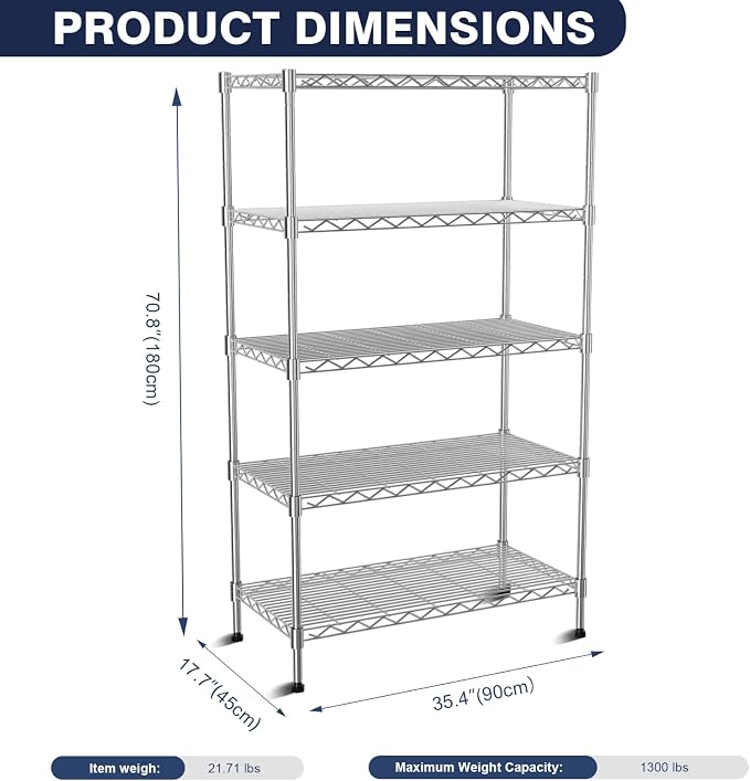 5-Tier Heavy Duty Metal Shelf,Chrome Wire Shelving Unit 35" Wx18 Dx71 H,Height Adjustable Storage Wire Shelves with Lockable Wheels for Garage,Kitchen,Office,Bathroom,Studio - Image 2