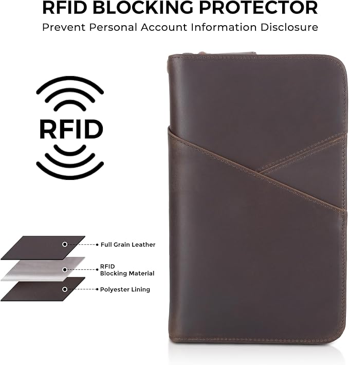 Polare Full Grain Leather Passport Holder With YKK Zipper RFID Blocking Travel Document Organizer Ticket Holder Cover Case Holds 2 Passports (Dark Brown with AirTag Slot) - Image 6