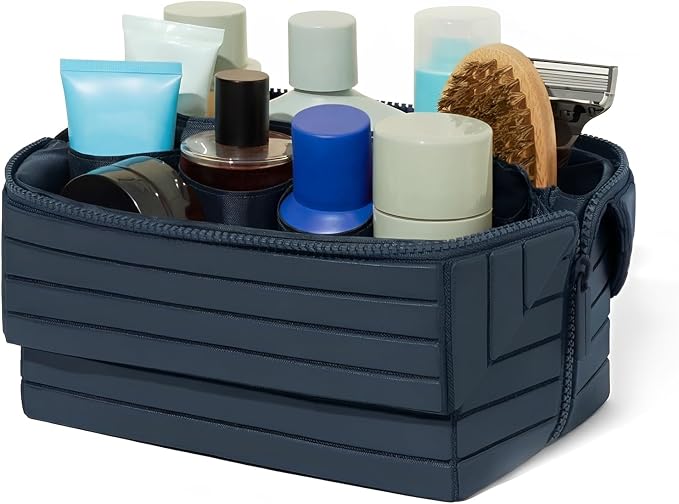 Travel Makeup Bag, Large Capacity Fold Down Cosmetic Bag for Women, Waterproof PU Leather, Pull Open Toiletry Bag with Compartments, for Skincare, Brushes & Travel Essentials (Navy Blue) by Unknown