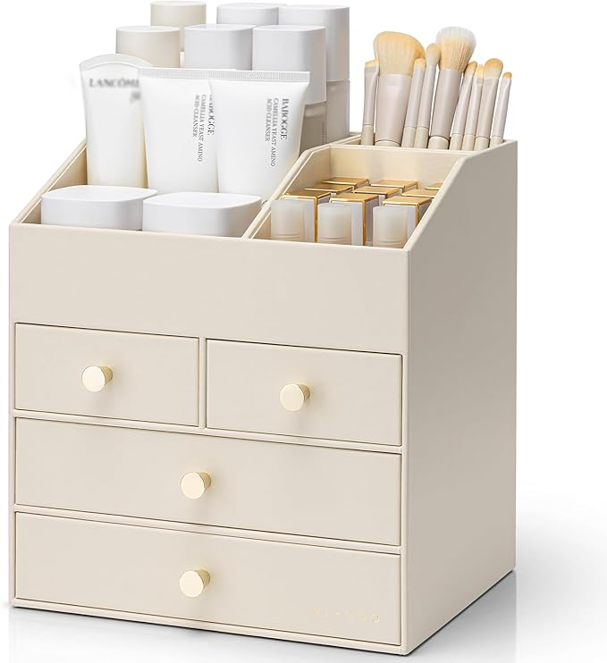 VLANDO Makeup Organizer,Vanity Organizer with Drawers, PU Leather Skincare Organizer Perfume Organizer,Large Cosmetic Display Case for Lipstick,Brushes Gifts for Women, Beige, 4 Layer by VLANDO