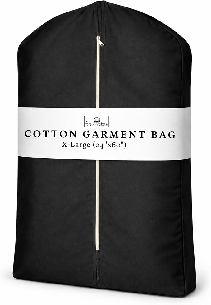 Premium 100% Cotton Garment Bags – 60" Black Canvas Suit Cover with YKK Zipper – Breathable, Dust-Proof Storage for Suits, Coats, Dresses, Jackets & Travel/Closet Use by ForeverCotton