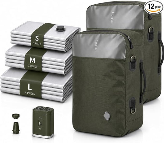 12 Travel Vacuum Bags with Pump for Travel Camping Sports Business TPU&PAPE Space Saver 2 Pack Storage with Portable Air Pump, Compression Packing for Clothes, Luggage, Suitcases - Green 48L by Unknown