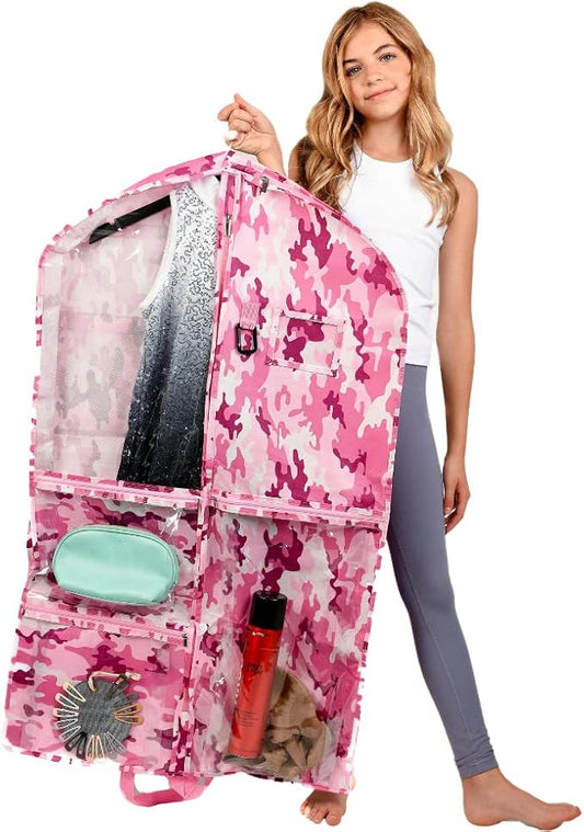 Waterproof Hanging Garment Bag 40 inch Clothes Bag with Gusset, 5 Pockets & Side Zip for Dance Costumes, Cheer, Skating, Theatre, Beauty Pageants & More by Kendall Country, Camo Pink by KendallCountry