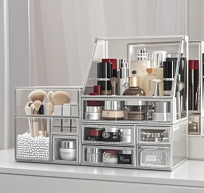 Tempered Glass Makeup Organizer with Heart Shaped Metal Frame, Large Cosmetic Storage Drawer Cabinet, Dustproof Vanity Display Case for Lipstick Makeup Brush Skincare Bathroom Bedroom - Image 2