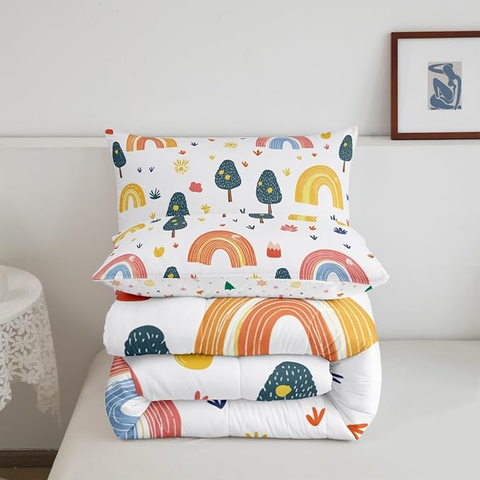Erosebridal Kids Rainbow Bedding Set Full Size, Abstract Raindrop Comforter Set Hand Drawn Rainbow Duvet Insert for Girls Boys Teens Adult, Iridescent Stripes Bedding Comforters with 2 Pillow Cases - Image 4