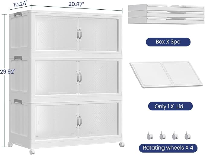 45Gal/180QT 3-Tiers Extra Large Stackable Storage Bins with Lid, Collapsible Cabinet Closet Organizer Plastic Container Box with Wheels Doors Drawers for Office Dorm Kitchen, White - Image 2