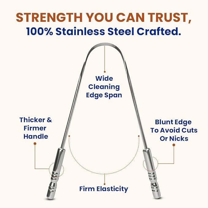 Tongue Scraper for Adults with Herbal Toothpaste, 100% Stainless Steel, Reduce Bad Breath, Tongue Scrubber, Easy to Use, Tongue Cleaner for Oral Care & Hygiene (Stainless Steel Tongue Scraper, 3 Pack)