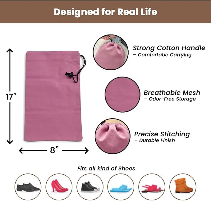 LFH Cotton Rich Shoe Storage Bags with Drawstring, Dustproof Breathable Reusable Organizer, Perfect For Travel, Dorm, Hotel, College, Gym, Machine Washable 8"x17" (Pack of 6) - Pink - Image 4