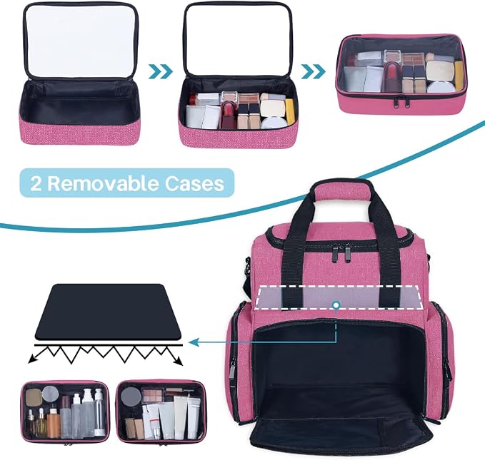 Large Makeup Bag with 2 Removable Case Cosmetic,Red | Large Makeup Bag with 2 Removable Case Multifunctional Cosmetic Bag Double Layer Travel Toiletry Organizer - Image 4