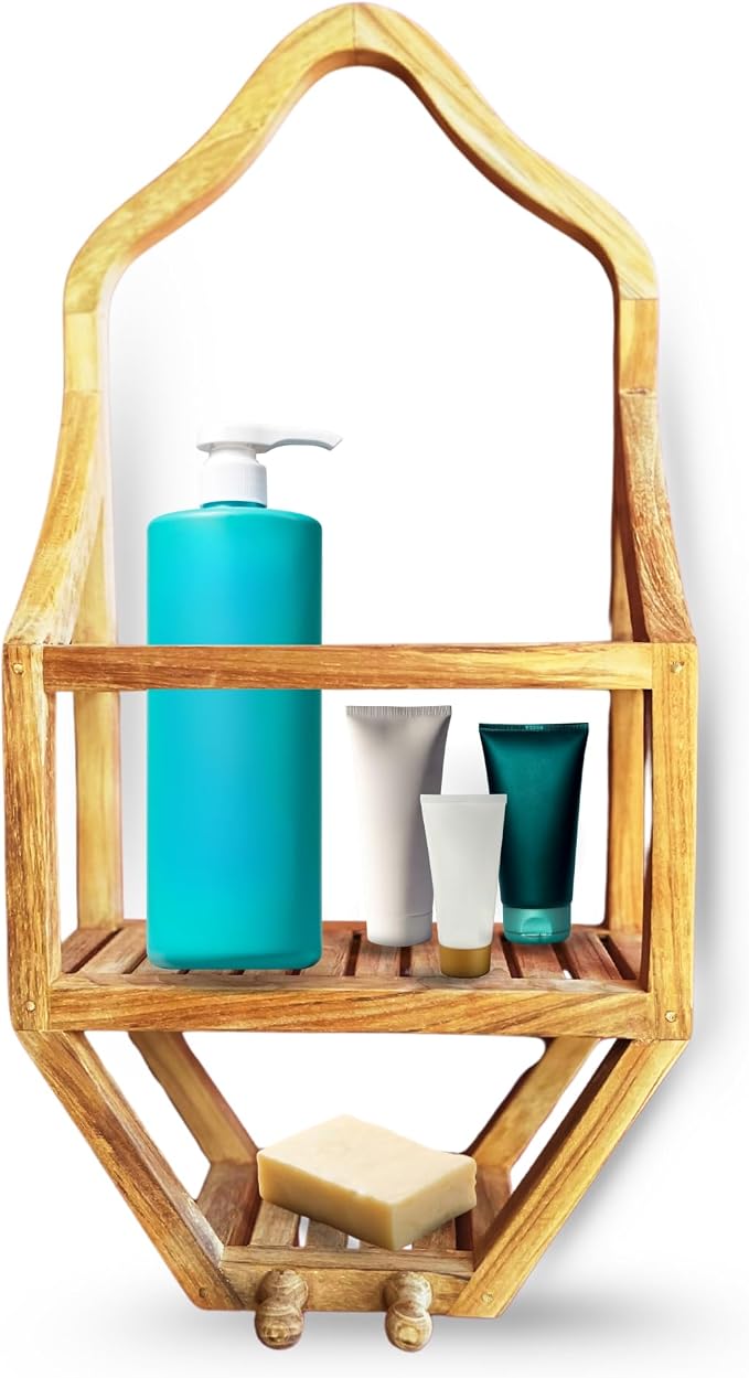 NORDIC STYLE TEAK Wood Natural Hanging Shower Caddy with Storage Shelves, Water Resistant, Easy to Place, Solid Teak Wood, Shower Accessory (Natural Víður) by NordicStyleTeak