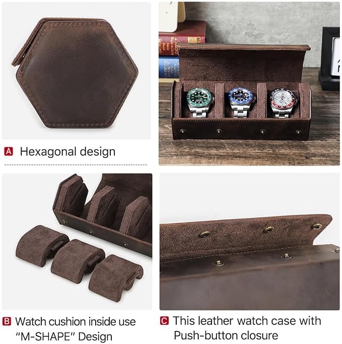 Hiram Genuine Leather Hexagon Watch Roll Travel Case, Leather 3-Watches Roll Case with Removable Pillow Cushion for Treasured Watches and Bracelets - Image 6