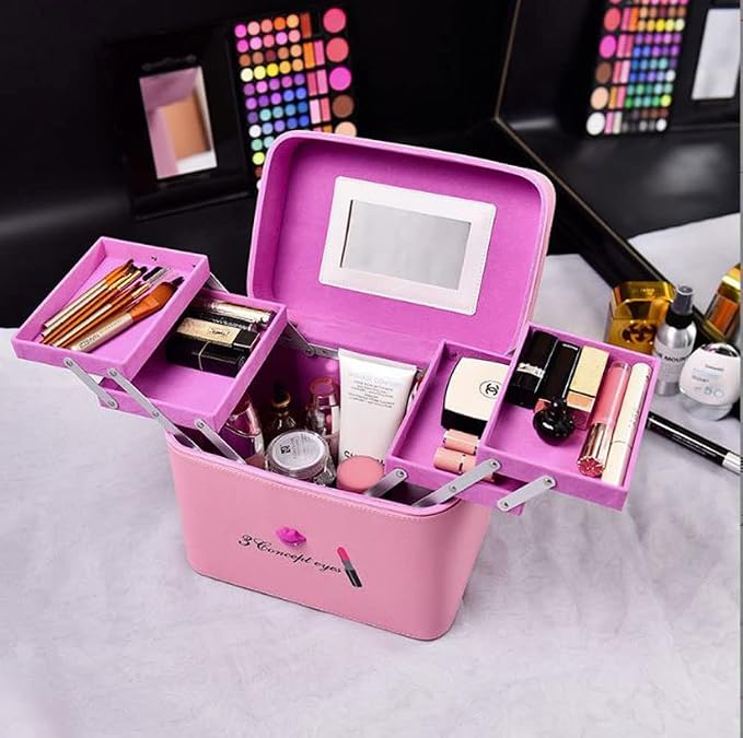 Pu Leather Makeup Storage Box With Mirror | 4 Layer Travel Vanity Bag | Multi Compartment Cosmetic Bag Display Organizer For Lipstick Nailpolish | Make-Up Brushes Holder(Pink) 18 Cms - Image 4