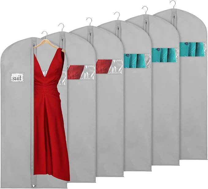KEEGH Garment Bags for Hanging Clothes 60" (Set of 6) Dress Bags for Gowns Long Dress Bags for Closet Storage with Zipper and Eye-Hole for Folding for Suit Coats Dresses, Grey by KEEGH