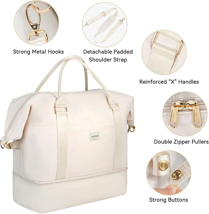 Voova Weekender Bags for Women, Large Travel Duffle Bag for Personal Item Travel with Shoes Compartment, Carry On Overnight Bag with Toiletry Bags 4 Pack Set for Men, Gym, Hospital, Yoga (Beige) - Image 4