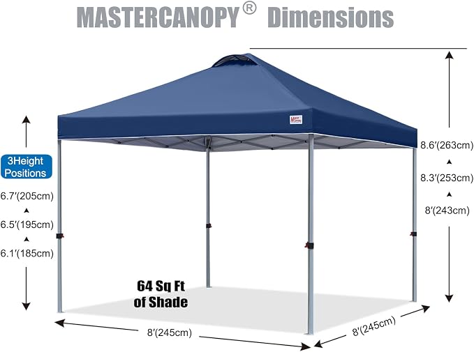 MASTERCANOPY 8x8 Pop Up Canopy Tent, 1 Person Setup Instant Shelter,Outdoor Portable Beach Canopy with Roller Bag, 4 Sandbags, 4 Ropes, 8 Stakes (8x8, Navy Blue) - Image 2