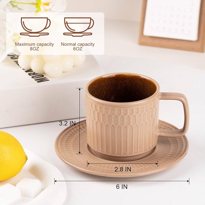 8oz Cappuccino Cups with Saucers Set of 4, 8 Ounce Stackable Embossed Ceramic Coffee Mugs for Specialty Coffee Drinks, Latte Mugs, Cafe Mocha and Tea, Dishwasher & Microwave Safe (Brown) - Image 2