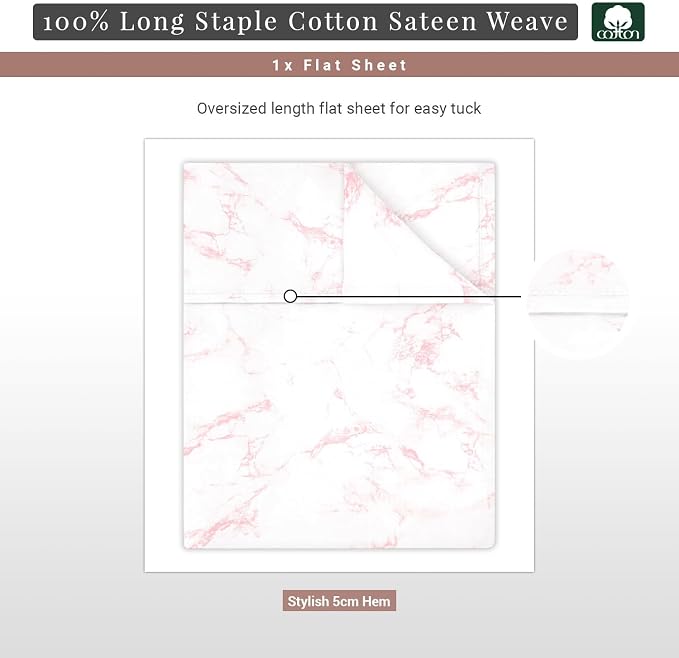 Pizuna Pure 100% Cotton Flat Sheets Only Queen Carrara Marble Pink (1 PC), Luxurious 400 Thread Count Long Staple Cotton Sateen with 4" Hem (Combed Queen Flat Sheet Only Cotton) - Image 3