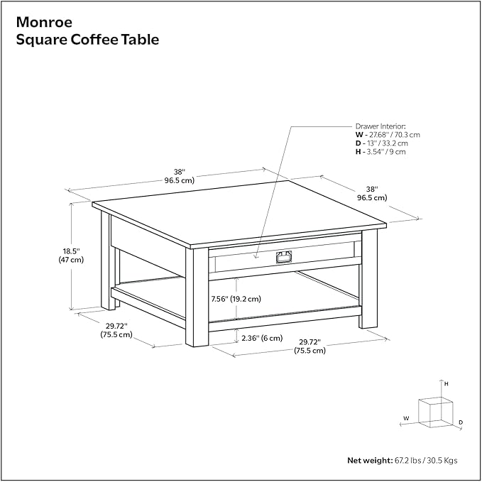 SIMPLIHOME Monroe Square Coffee Table - 38 inch Wide Solid Acacia Wood Living Room Table in Farmhouse Grey, Rustic Cocktail Table for Family Room or Lounge with 2 Drawers and Open Shelf