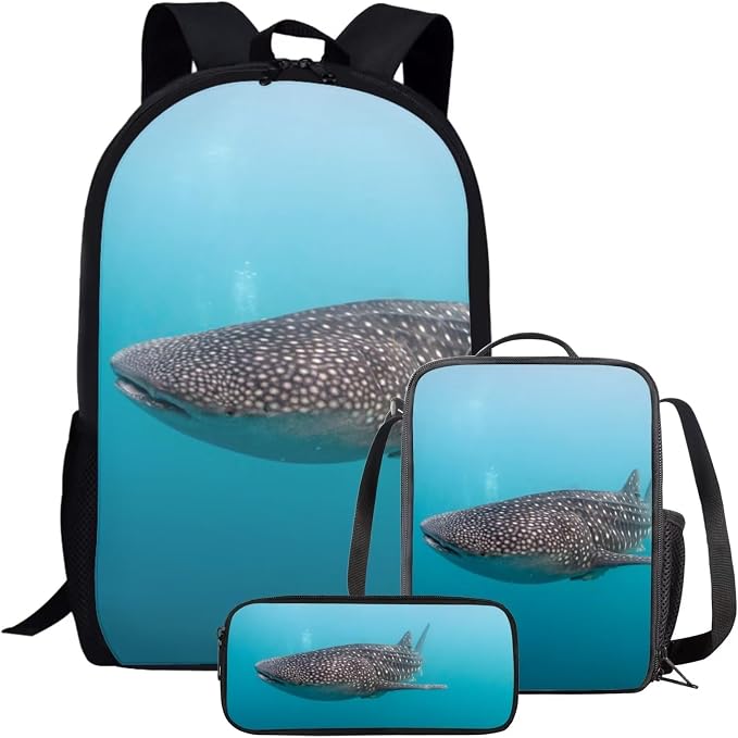 Kids Novelty Animal Backpack and Lunch Box for Boys Girls Student Lightweight 17 Inch School Whale Shark Backpack with Lunch Bag Pencil Case Kids Comfy Padded Black Large Bookbag by Parprinty
