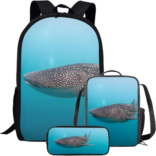 Kids Novelty Animal Backpack and Lunch Box for Boys Girls Student Lightweight 17 Inch School Whale Shark Backpack with Lunch Bag Pencil Case Kids Comfy Padded Black Large Bookbag by Parprinty