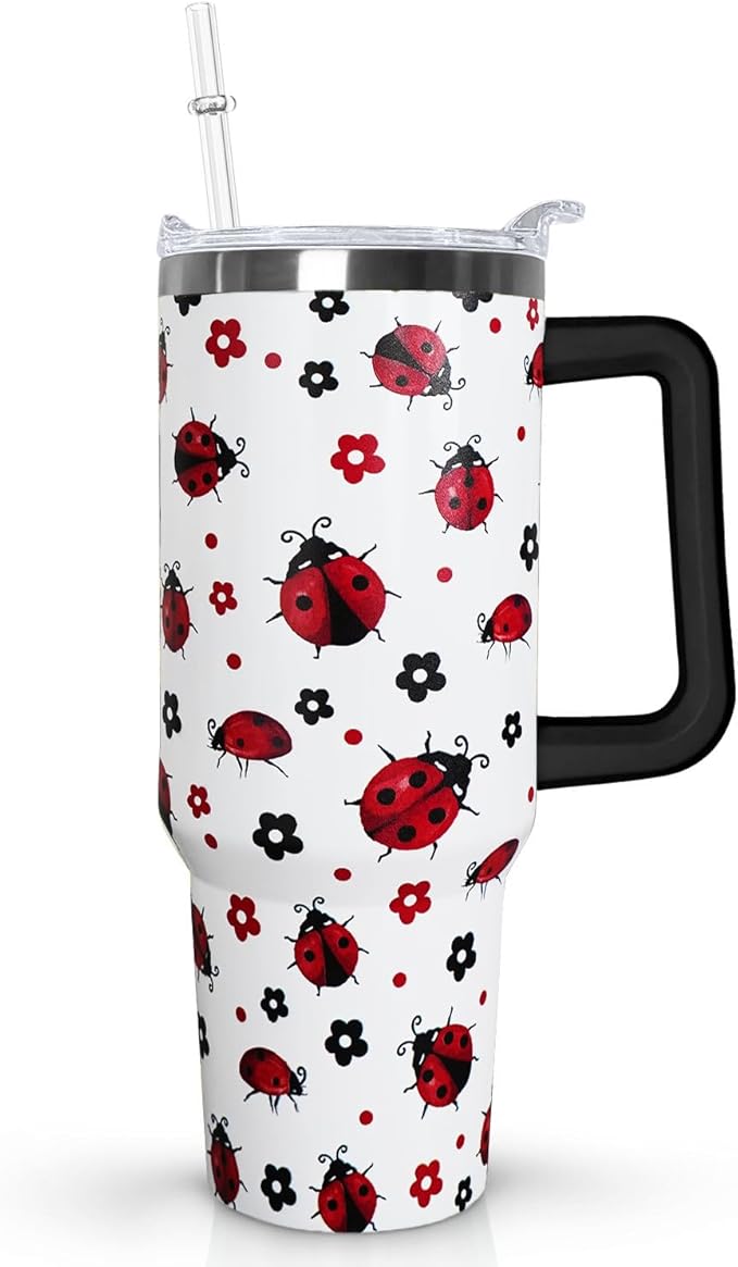 30 Oz Ladybug Tumbler With Handle,Ladybug Coffee Travel Mug Cup Water Bottle,Ladybug Decor,Ladybug Gifts for Women