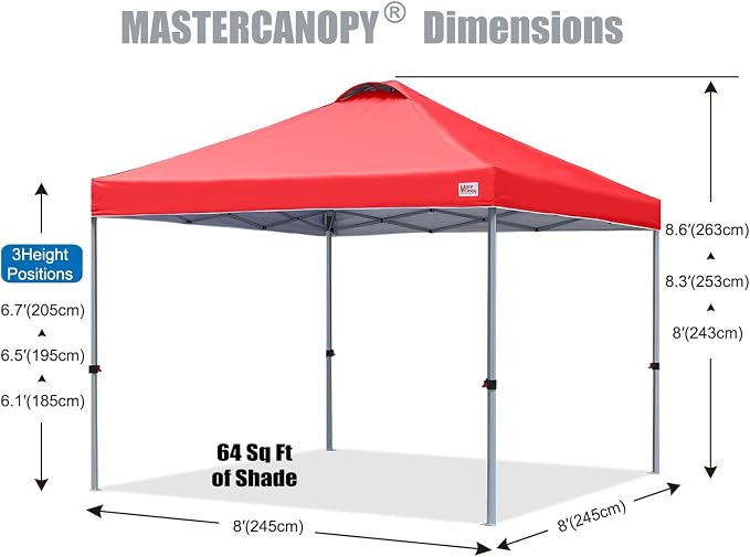 MASTERCANOPY 8x8 Pop Up Canopy Tent, 1 Person Setup Instant Shelter,Outdoor Portable Beach Canopy with Roller Bag, 4 Sandbags, 4 Ropes, 8 Stakes (8x8, Red) - Image 2