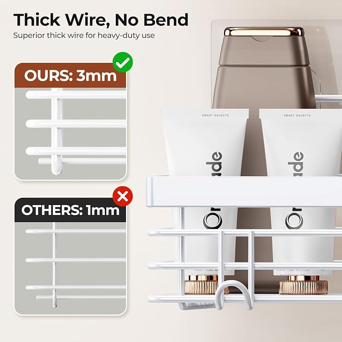 Orimade Shower Caddy with 5 Hooks for Hanging Razor and Sponge Adhesive Shower Shelf Basket Bathroom Storage Organizer Kitchen Rack No Drilling Stainless Steel Rustproof - 2 Pack,White - Image 3