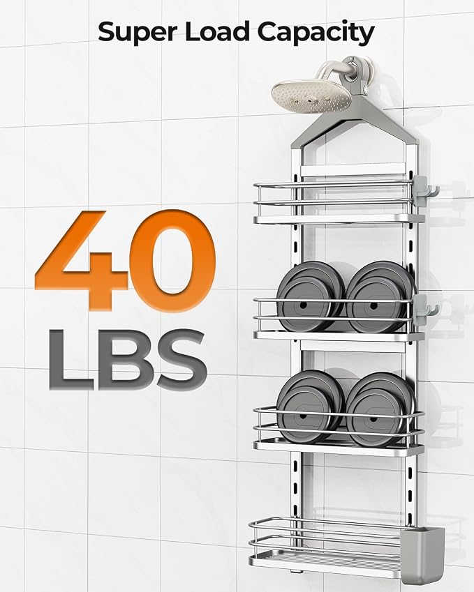 ODesign 4 Tier Adjustable Shower Caddy Hanging Over Showerhead Silver | Shower organizer hanging,no drilling required,comes with removable hook and storage box, suitable for indoor showers - Image 7