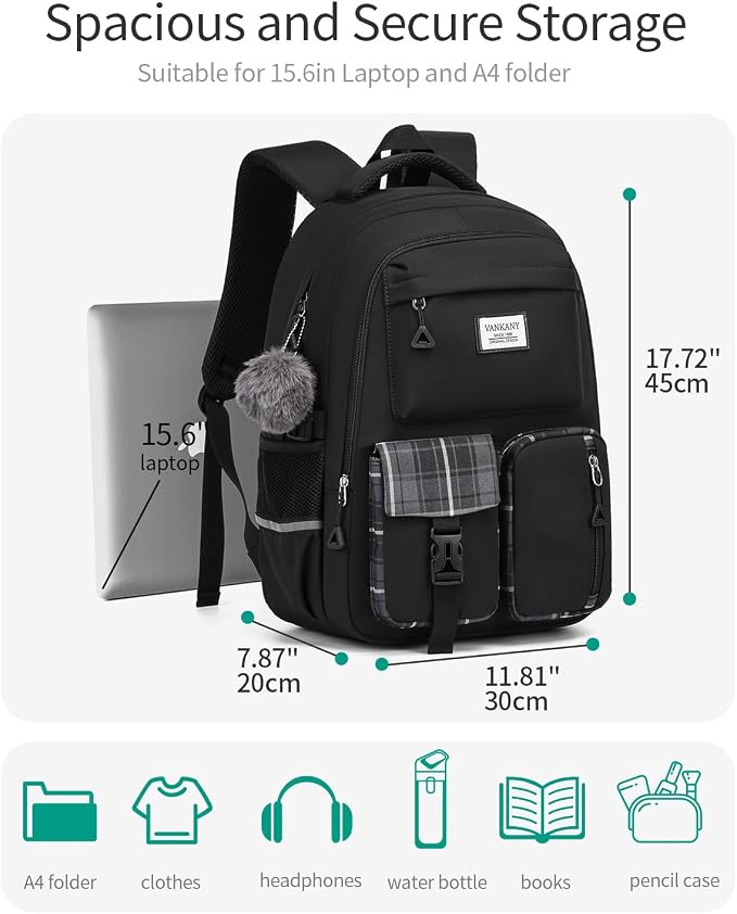 School Backpack for Teen Girls, Big Student Laptop Backpack Aesthetic Bookbags for College Women Elementary Middle High School Travel Mochilas Escolares, Black - Image 3