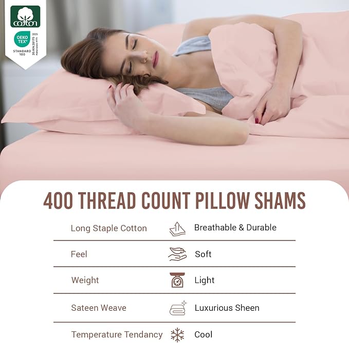 Pizuna Pure 100% Cotton Pillow Shams King Size Set of 2 Light Pink, Luxurious 400 Thread Count Long Staple Cotton Sateen with Envelope Closure (Combed Light Pink Cotton Pillow Shams King) - Image 2
