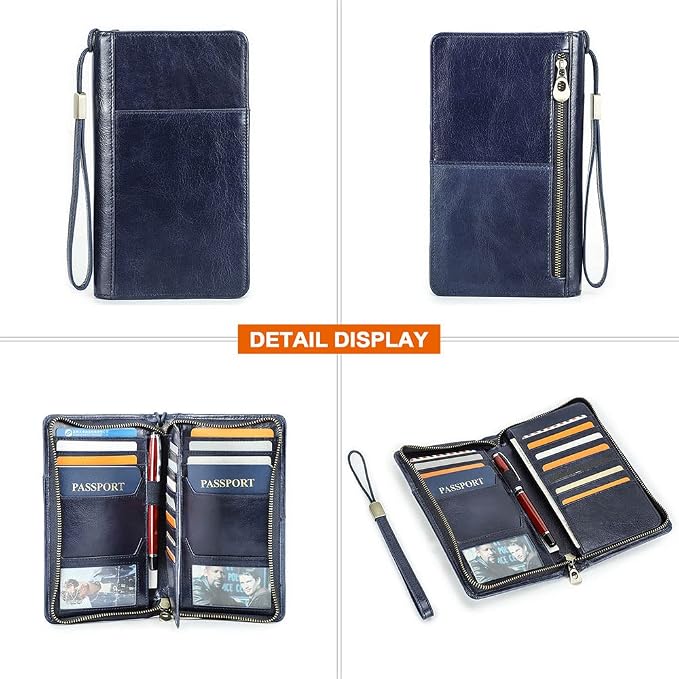 CONTACTS Passport Wallet Leather Family Passport Holder for 4 Travel Documents Organizer RFID Blocking Zipper Blue Card Wallet with 13 Card Slot - Image 9