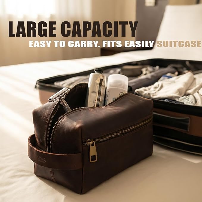 Mens Leather Toiletry Bag – Dopp Kit Handmade in USA – Full Grain Leather Organizer Bag with Waterproof Lining for Travel, Toiletries, Shaving Kit – Gifts for Men, Husband, Dad, Boyfriend - Image 3